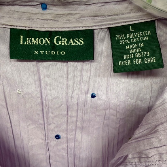 Lemon Grass Studio Lilac Crinkle Button Down Shirt Large Embroidered Polka Dot - Picture 2 of 6